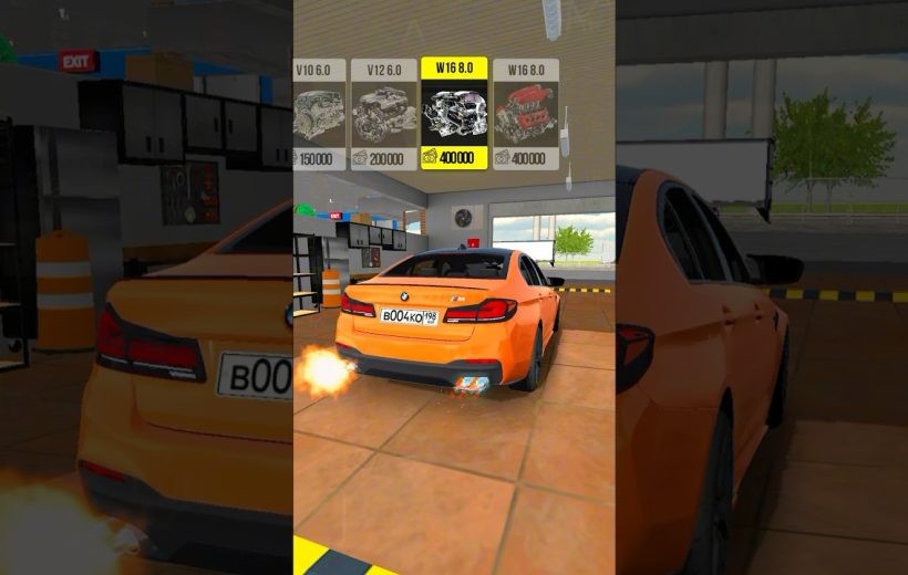 Orange BMW sedan in a garage with flames from the exhaust and engine options visible