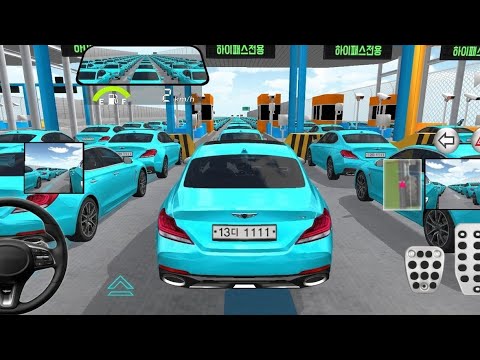 Blue sports car in a toll plaza surrounded by identical turquoise cars and booths