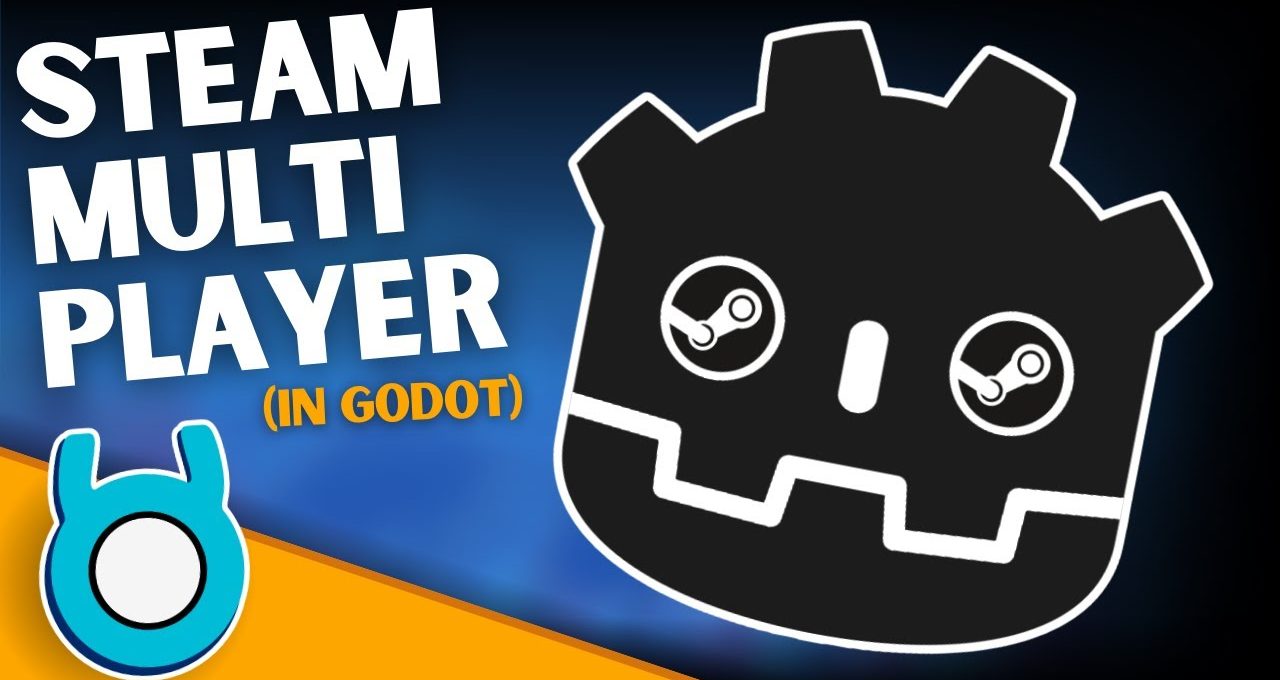 Bold text reading "Steam Multiplayer (in Godot)" beside a large stylized Godot icon with Steam logos