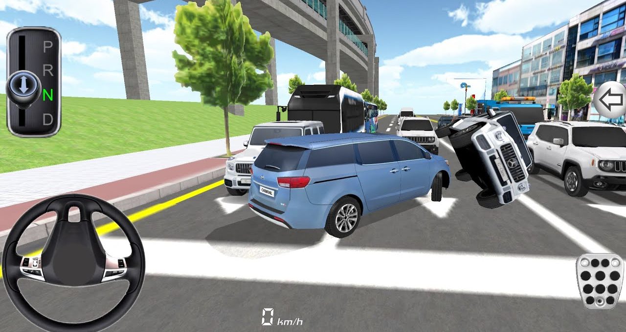 Blue minivan blocking busy city road amid multiple cars and a flipped SUV