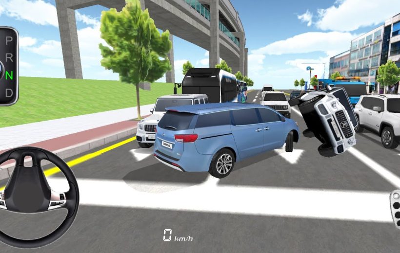 Blue minivan blocking busy city road amid multiple cars and a flipped SUV