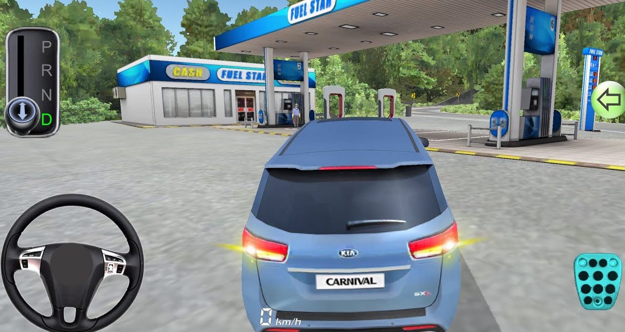 Blue Kia Carnival minivan parked at a fuel station with pumping islands visible