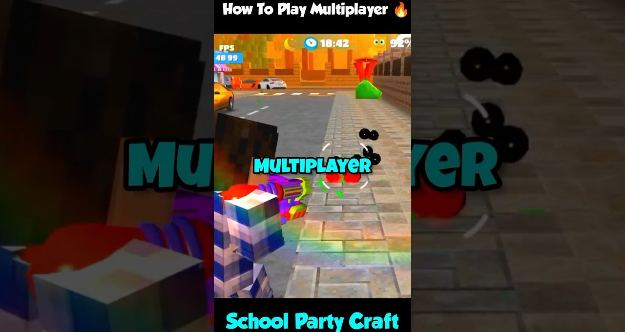 Colorful blocky characters walking on a city sidewalk with "Multiplayer" text overlay