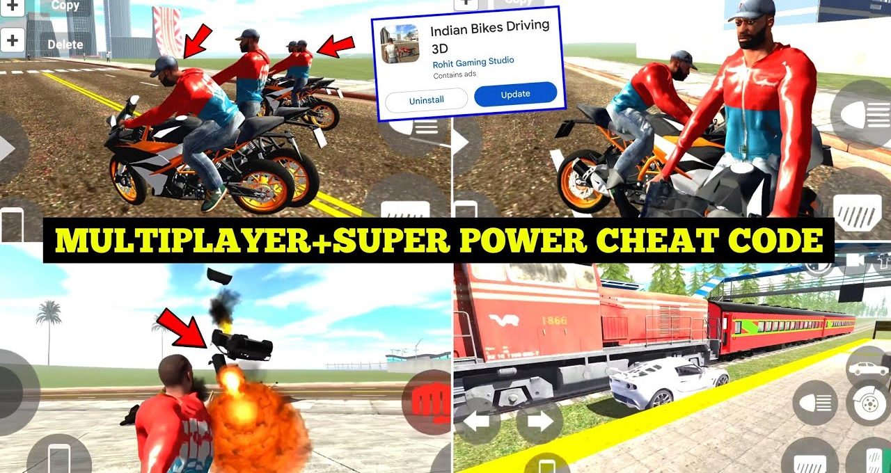 Multiplayer motorcycle game screenshots showing riders, explosions, and a passing train scene