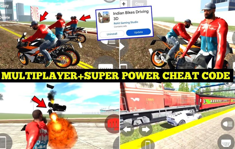 Multiplayer motorcycle game screenshots showing riders, explosions, and a passing train scene