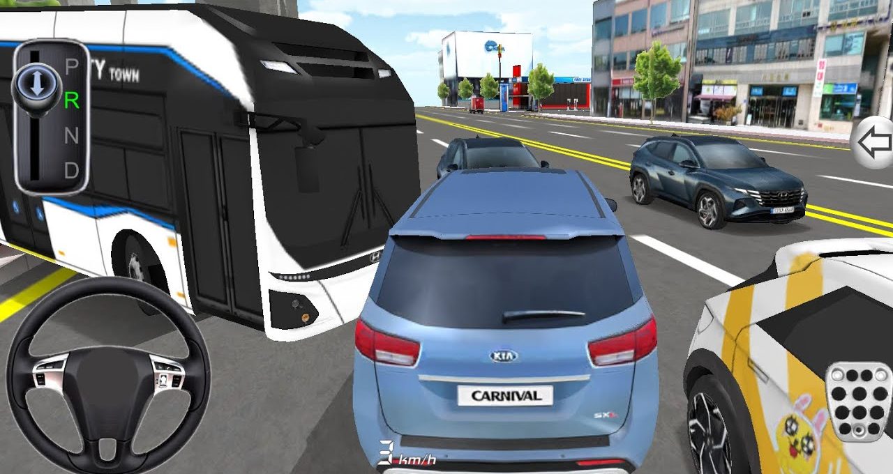 Blue Kia Carnival minivan stuck in traffic between bus and cars on city street