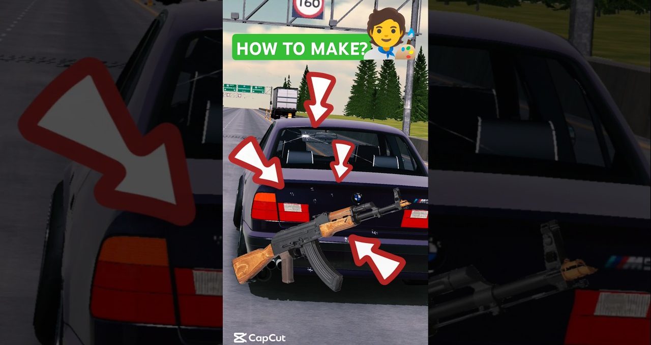 Rear view of a damaged BMW sedan on highway with arrows and an overlaid rifle depiction