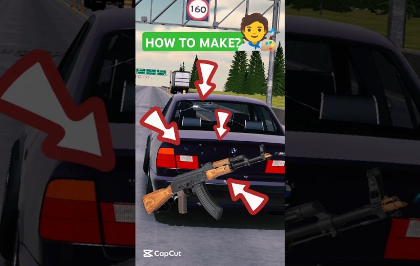 Rear view of a damaged BMW sedan on highway with arrows and an overlaid rifle depiction