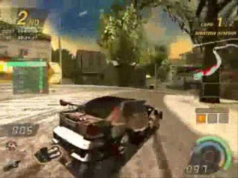Racing car drifting through a suburban street in a high-speed video game scene