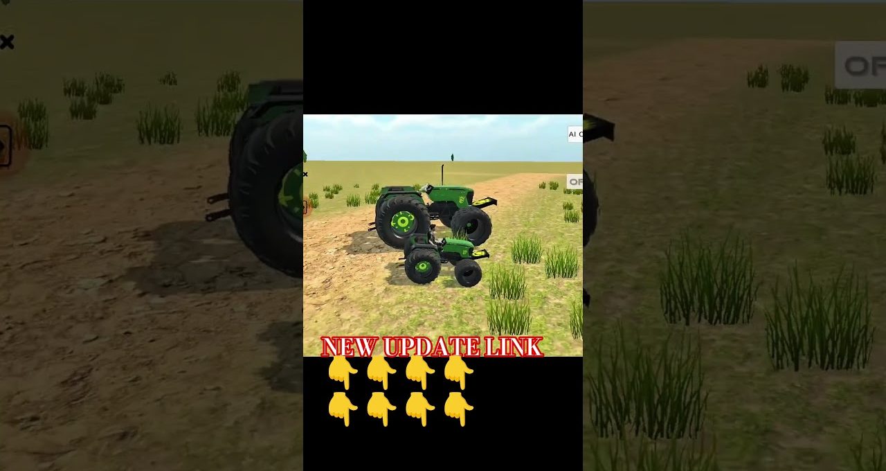 Green tractor simulation scene on dirt field with grass tufts and "new update" text