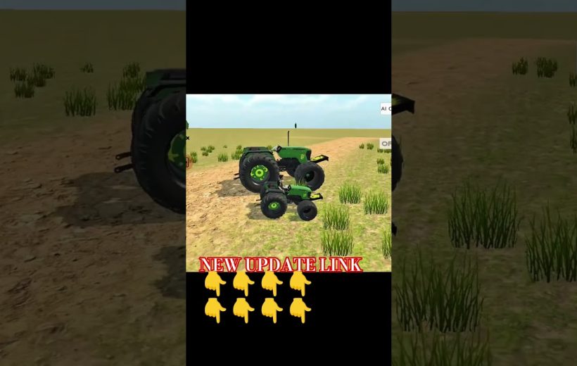 Green tractor simulation scene on dirt field with grass tufts and "new update" text