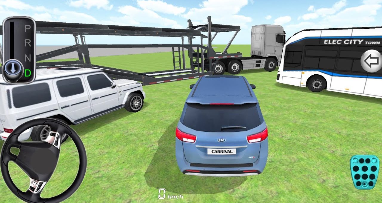 Blue Kia Carnival parked on grass surrounded by various vehicles and car carrier trailer