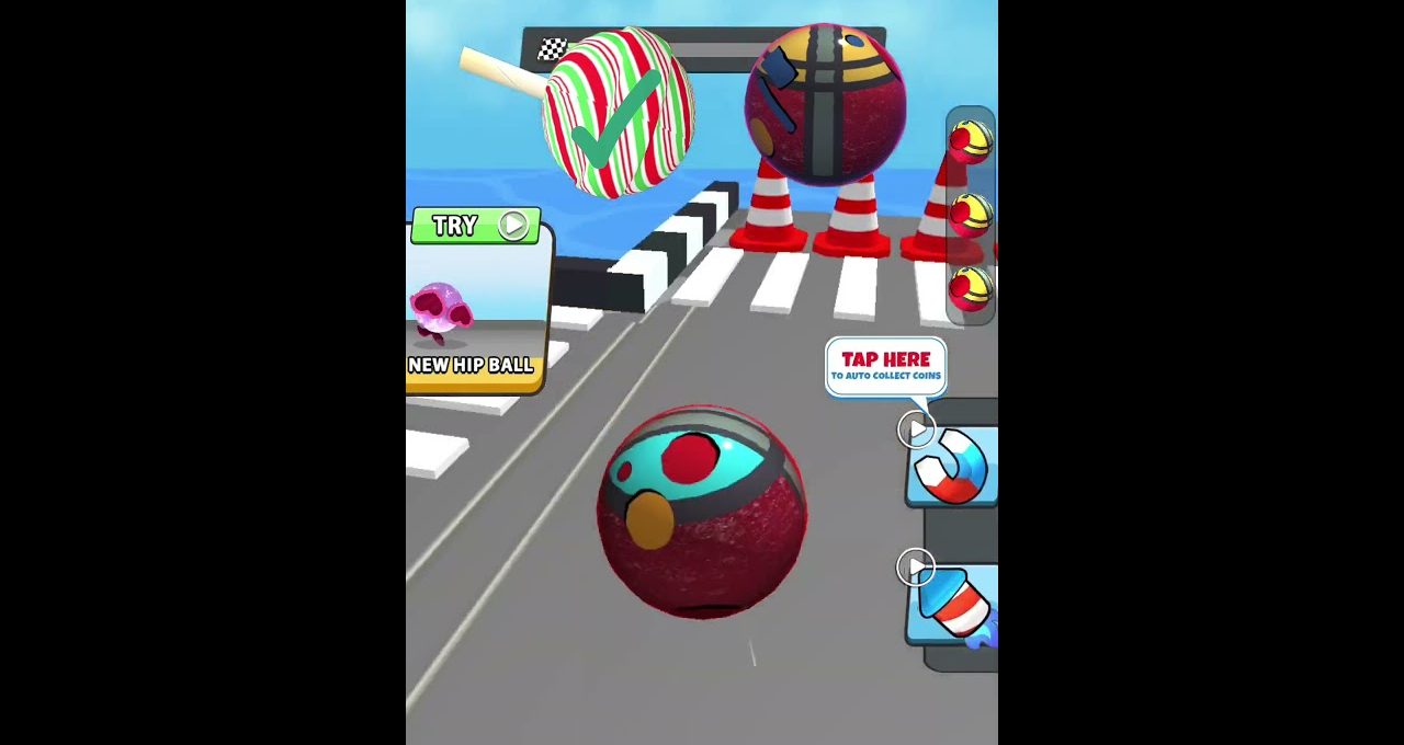 Colorful rolling ball approaching finish line with traffic cones in a mobile game.