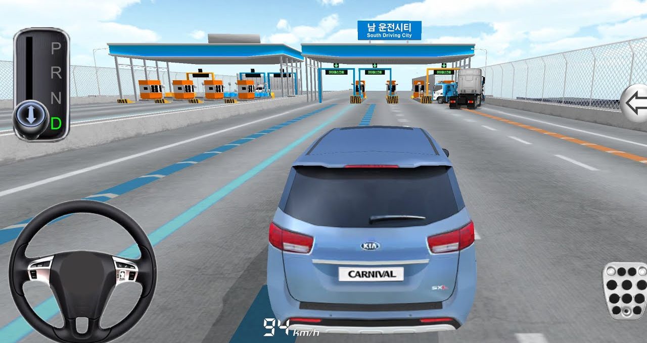 Blue Kia Carnival driving toward toll booths on a multi-lane highway simulation.