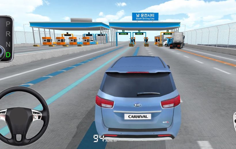Blue Kia Carnival driving toward toll booths on a multi-lane highway simulation.