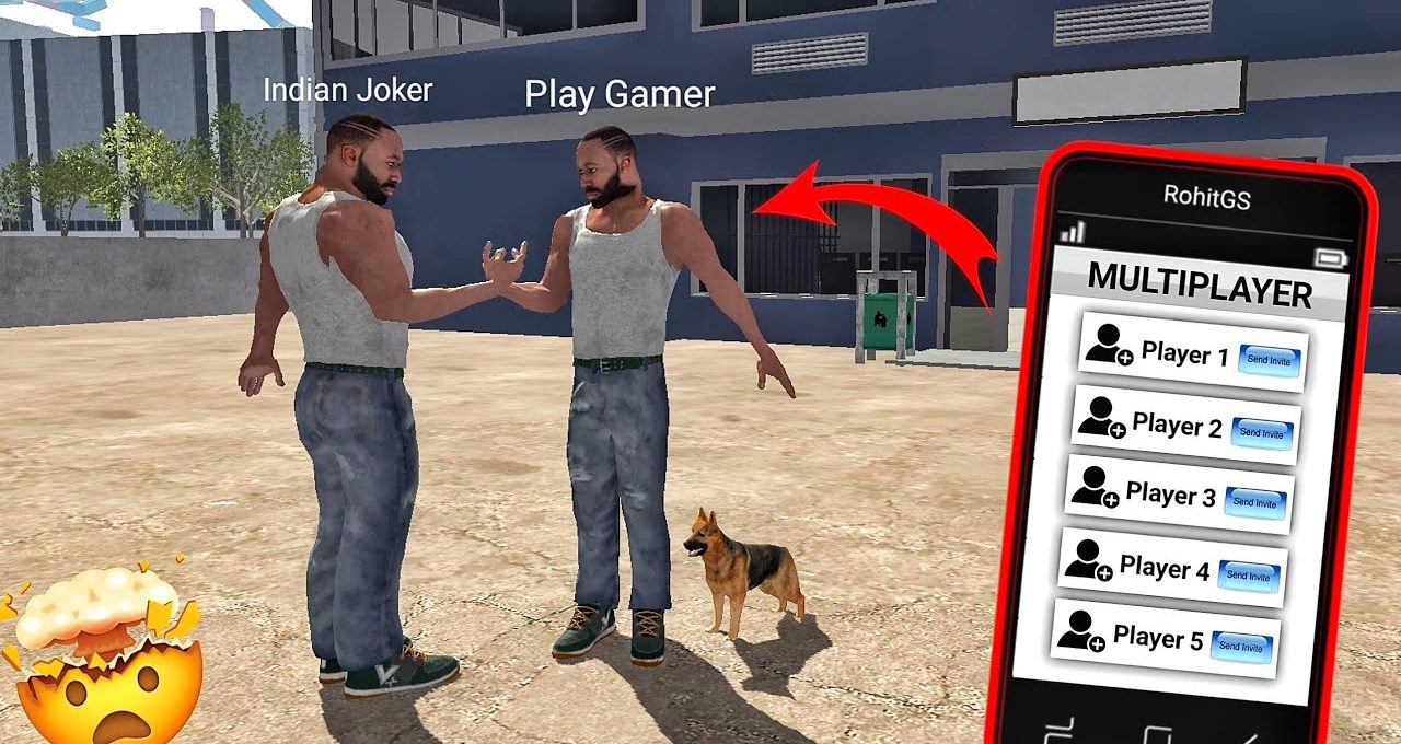 Two identical game avatars fist-bumping in courtyard with dog and multiplayer phone panel