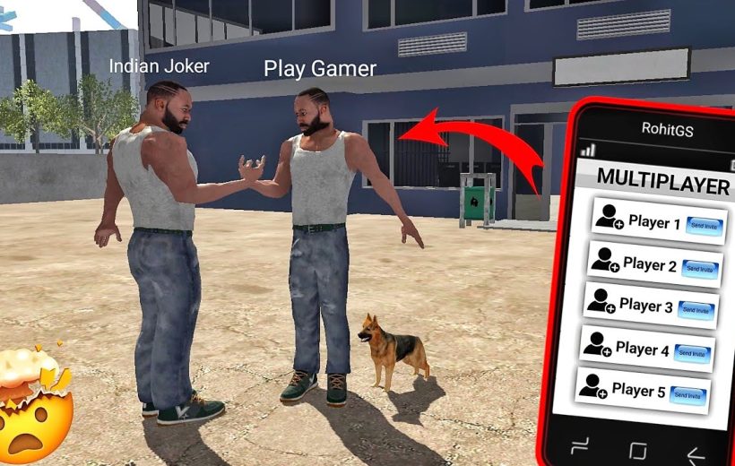 Two identical game avatars fist-bumping in courtyard with dog and multiplayer phone panel