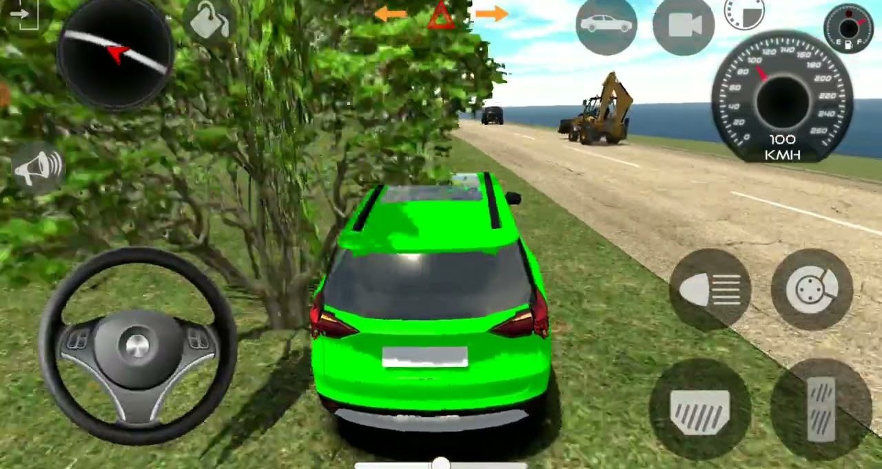 Bright green SUV parked on grass beside a road in a driving game interface