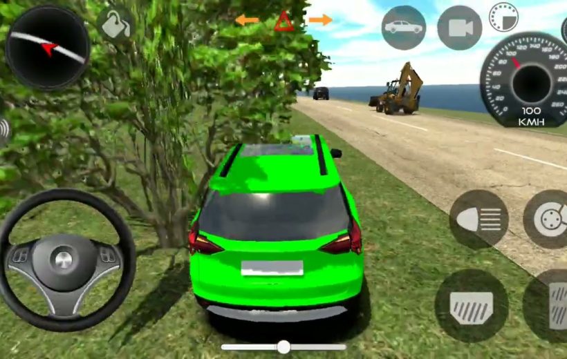 Bright green SUV parked on grass beside a road in a driving game interface