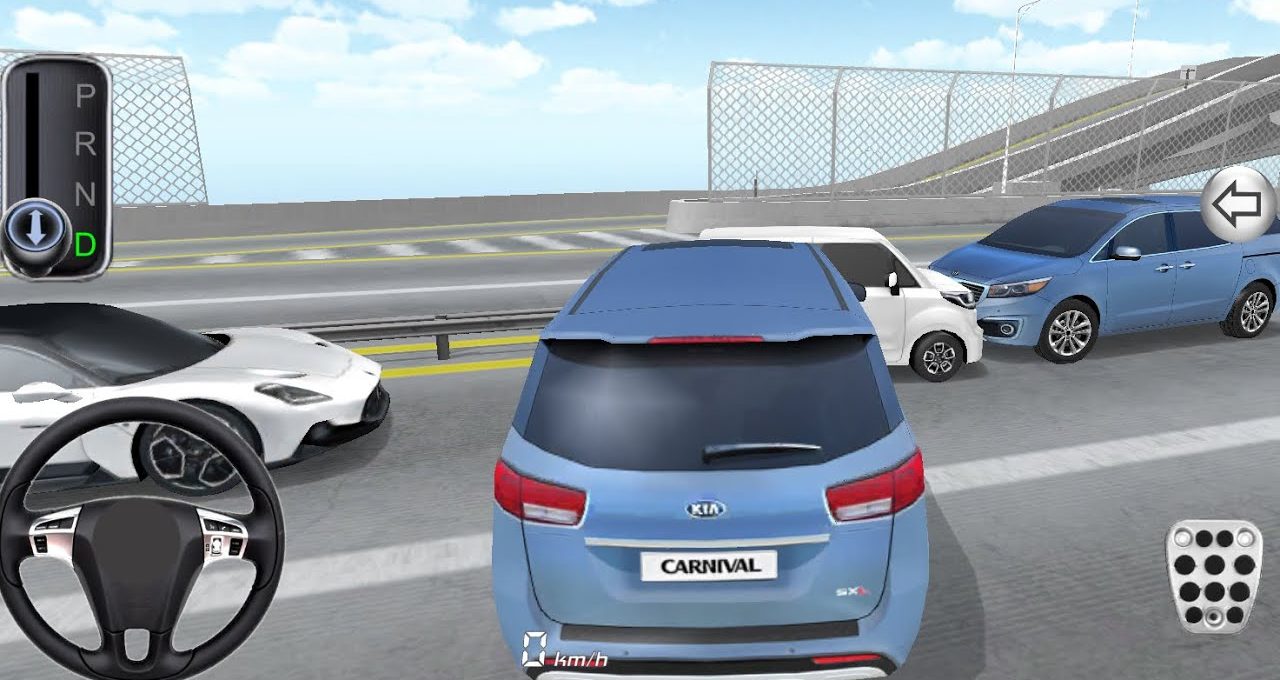 Rear view of blue Kia Carnival van stopped among cars on highway bridge.