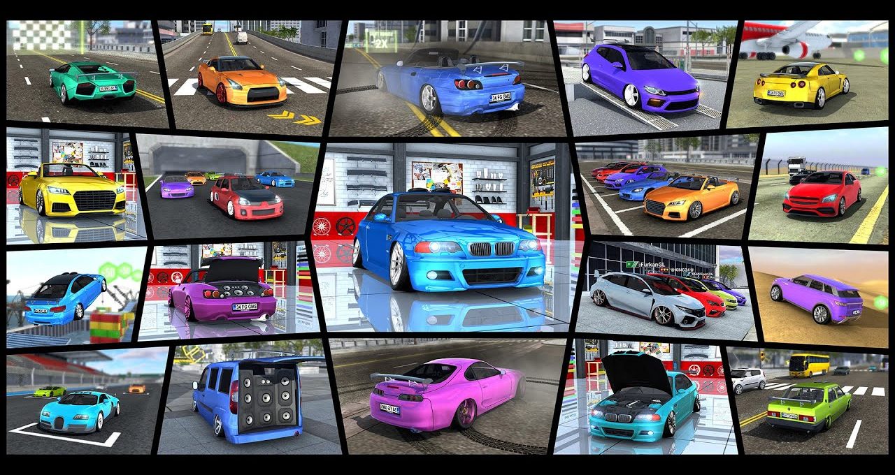 Collage of colorful modified sports cars and street scenes in a garage and racetrack