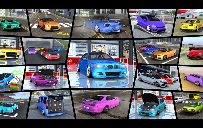 Collage of colorful modified sports cars and street scenes in a garage and racetrack