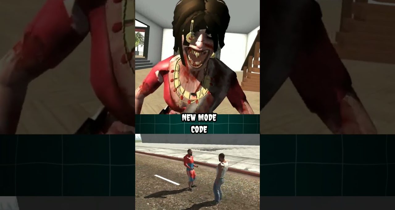Creepy bloodied female monster with sharp teeth looming above two men in street game