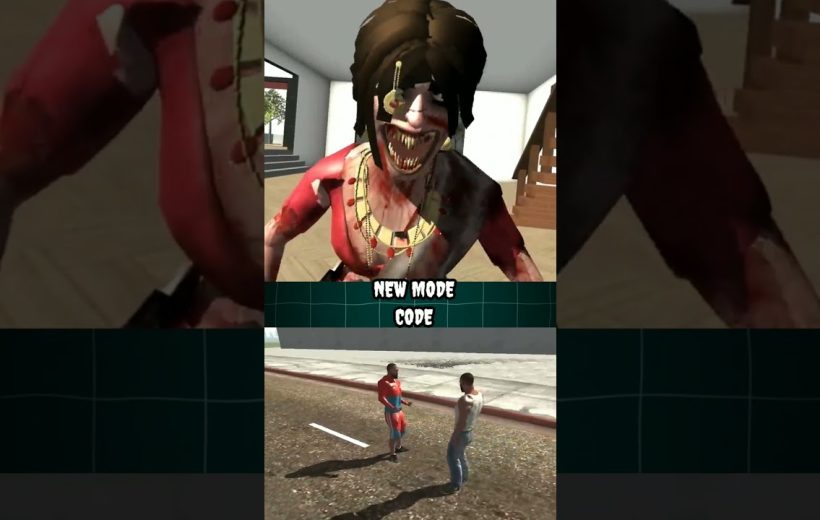 Creepy bloodied female monster with sharp teeth looming above two men in street game