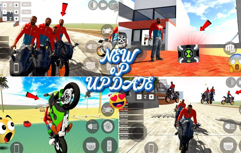 Multiple motorcyclists performing stunts and riding bikes in a bright open environment