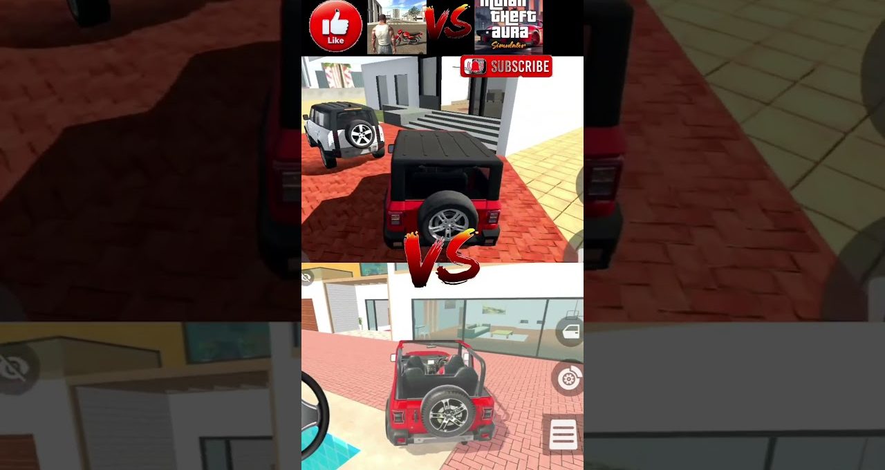 Two red and white off-road jeeps parked in a virtual game driveway scene