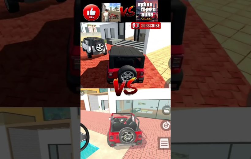 Two red and white off-road jeeps parked in a virtual game driveway scene