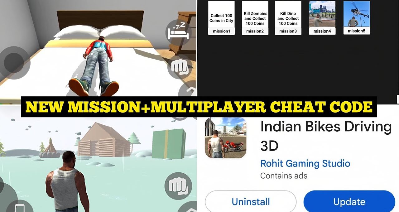 Collage showing Indian Bikes Driving 3D game screenshots with “NEW MISSION+MULTIPLAYER CHEAT CODE” banner