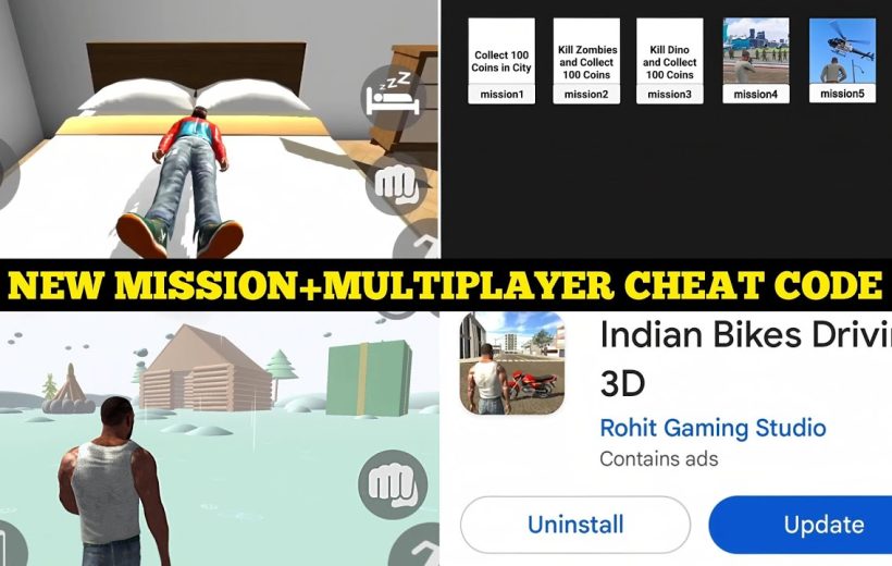 Collage showing Indian Bikes Driving 3D game screenshots with “NEW MISSION+MULTIPLAYER CHEAT CODE” banner
