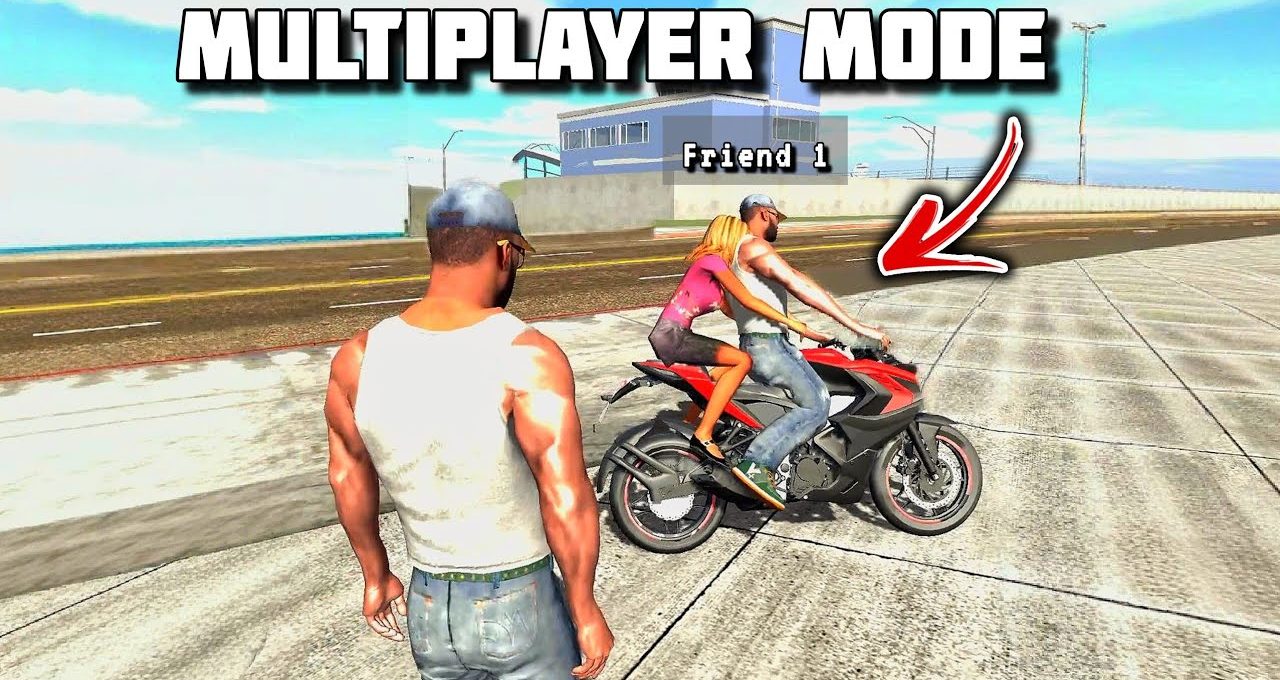 Two game characters on a motorcycle while a third watches on coastal pavement
