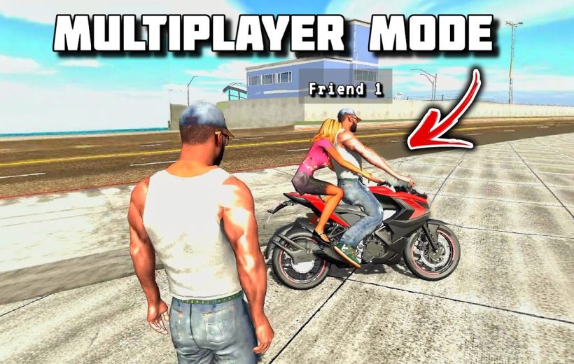 Two game characters on a motorcycle while a third watches on coastal pavement