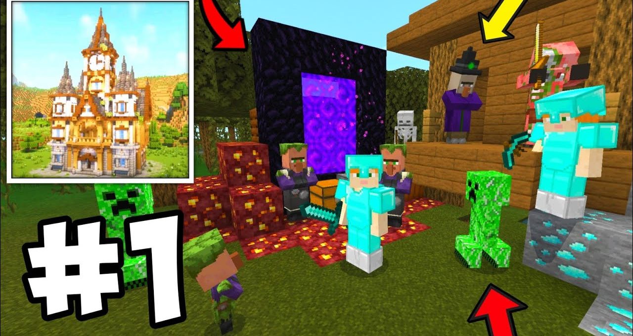 Minecraft players in diamond armor battling mobs near a glowing Nether portal and house