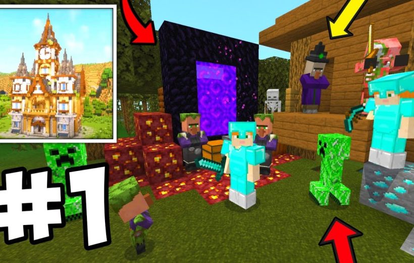 Minecraft players in diamond armor battling mobs near a glowing Nether portal and house