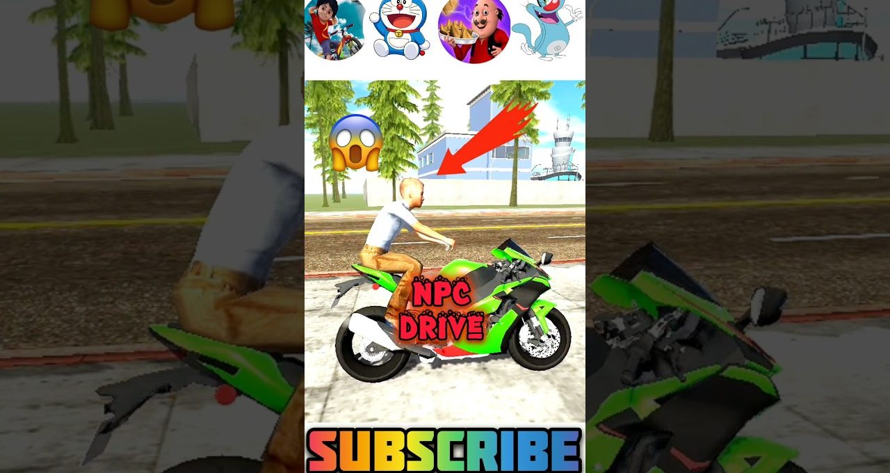 Cartoon NPC riding a green sport motorcycle on a city street, subscribe prompt