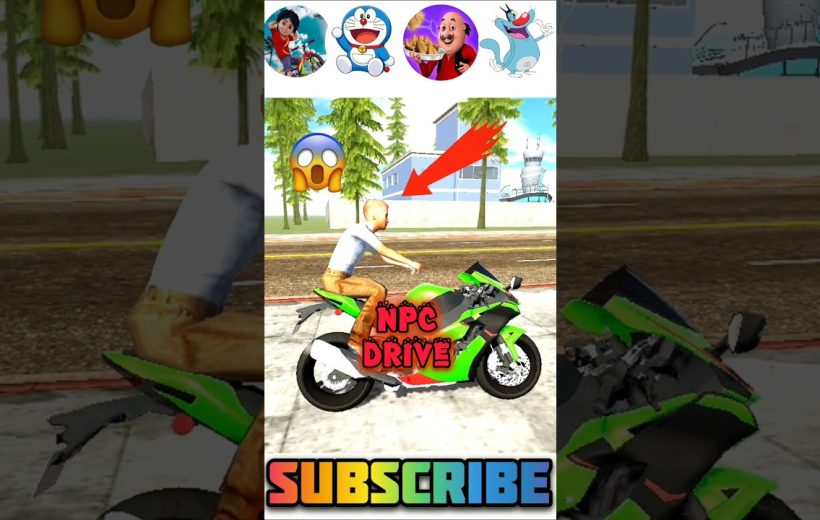 Cartoon NPC riding a green sport motorcycle on a city street, subscribe prompt