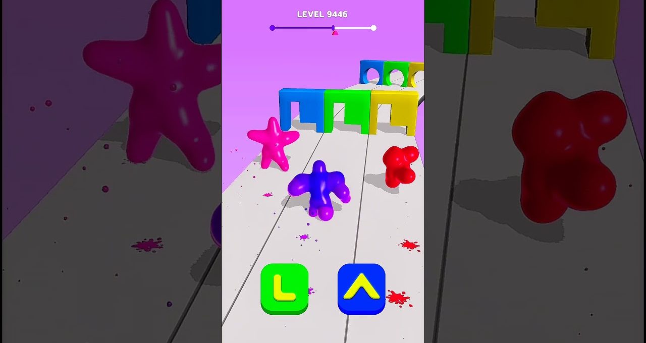 Colorful blob characters racing toward rainbow obstacles in a mobile game level.