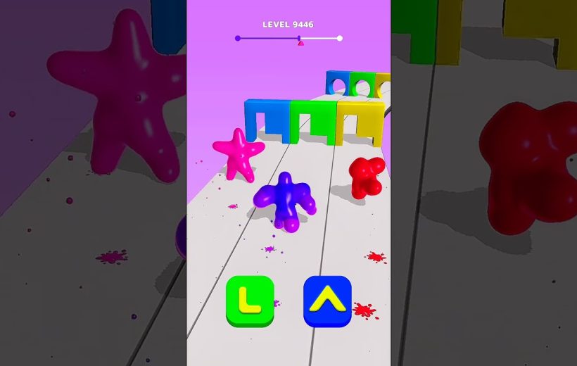 Colorful blob characters racing toward rainbow obstacles in a mobile game level.
