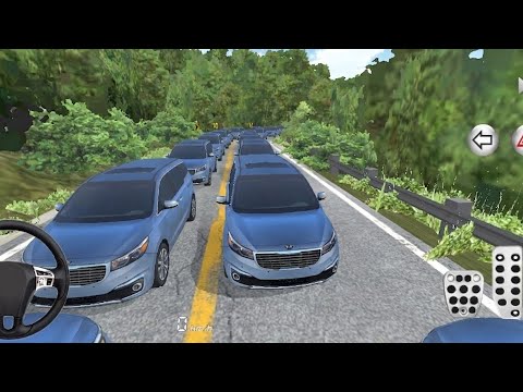 Multiple blue cars queued on a two-lane road through a forested area, simulation view