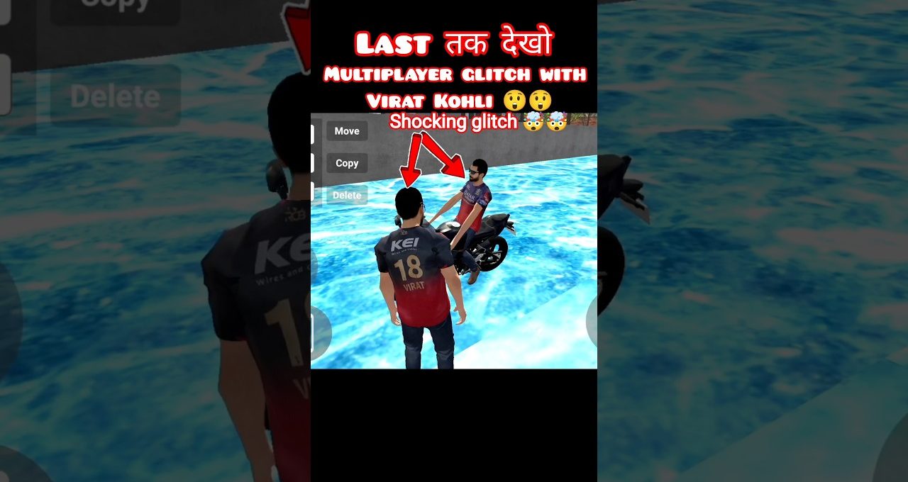 Two game avatars wearing Virat Kohli jerseys stand near a motorcycle on water