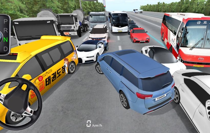 Multiple cars and buses stuck in a multi-vehicle traffic jam on a highway