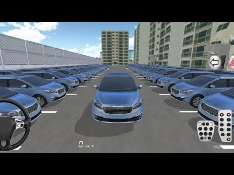 Blue car centered in a multi-level parking lot surrounded by identical parked cars