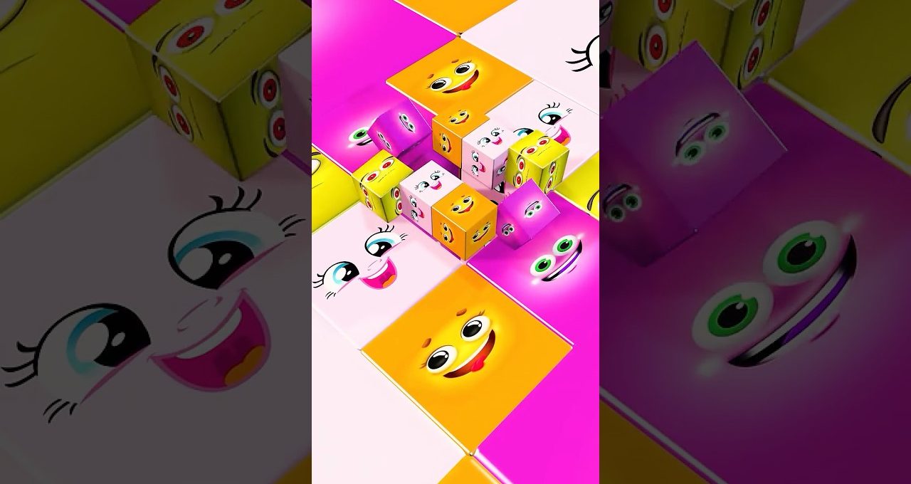 Colorful smiling emoji faces on stacked cubes arranged in a bright checkerboard pattern