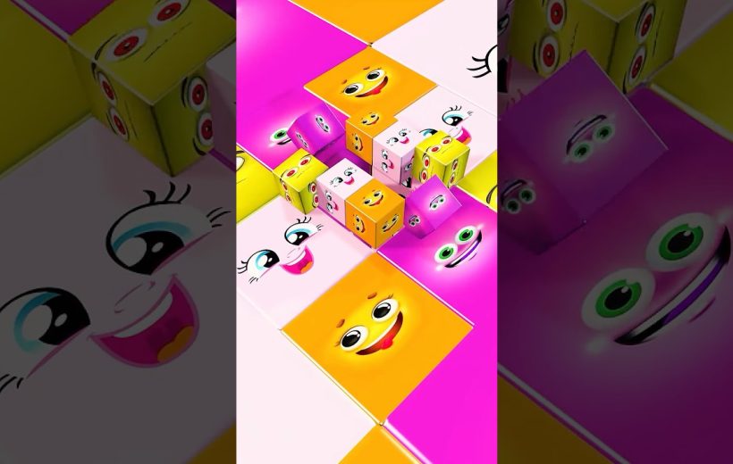 Colorful smiling emoji faces on stacked cubes arranged in a bright checkerboard pattern