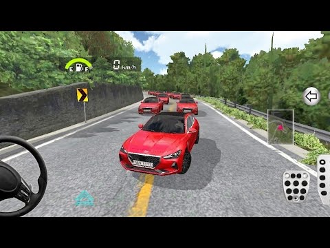 Red sports car leading a convoy of identical red cars on a winding road