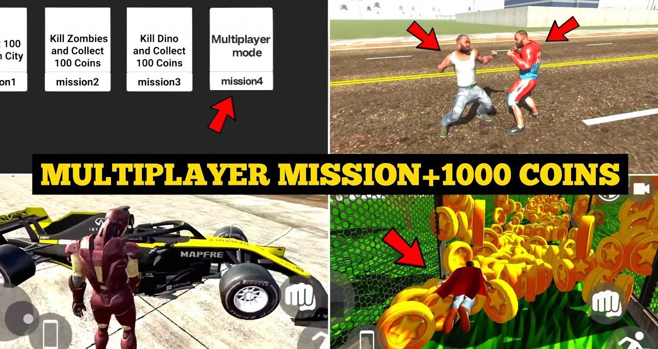 Game montage showing multiplayer missions, fights, racing car, and coin-collecting level.