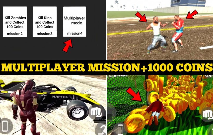 Game montage showing multiplayer missions, fights, racing car, and coin-collecting level.